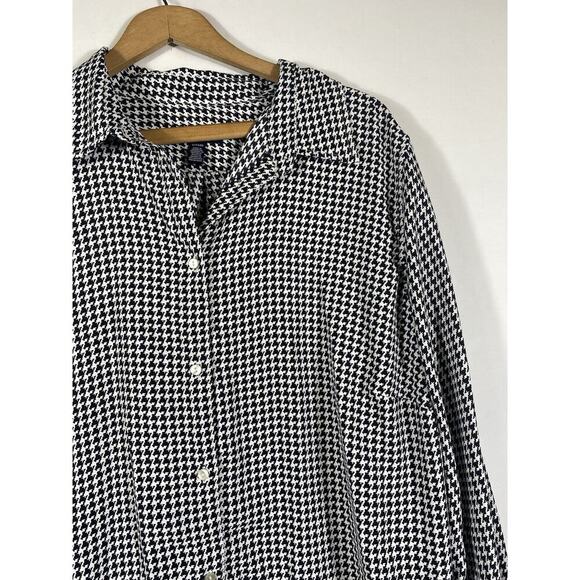 Chaps Ralph Lauren Top Size 1X Houndstooth Blouse Button Up Satin-y Old Money - Picture 6 of 11